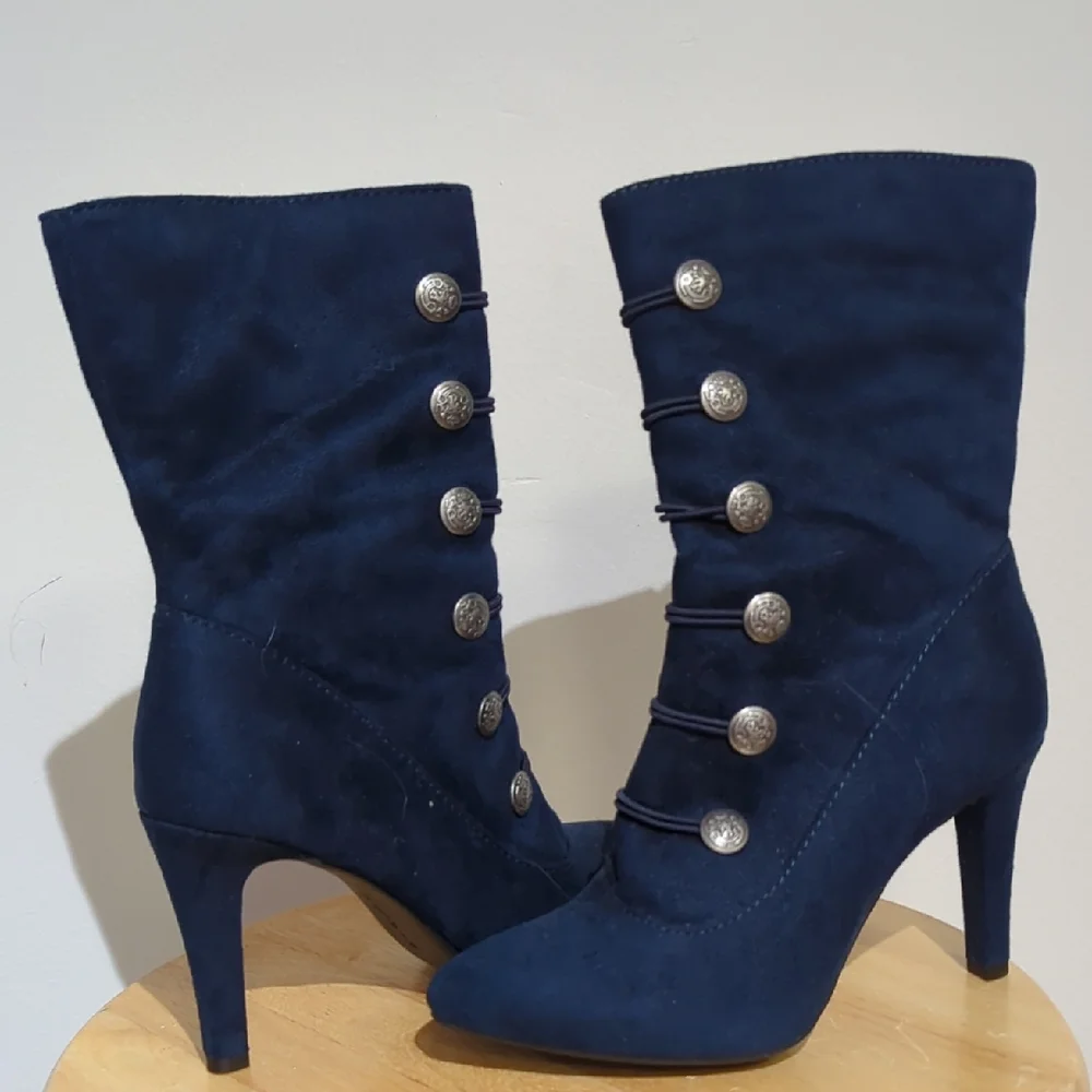 Riakto Navy Blue Buttoned Heeled Boots - Picture 1 of 6